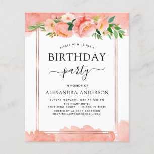 Budget Coral Peach Floral Geburtstag Einladung