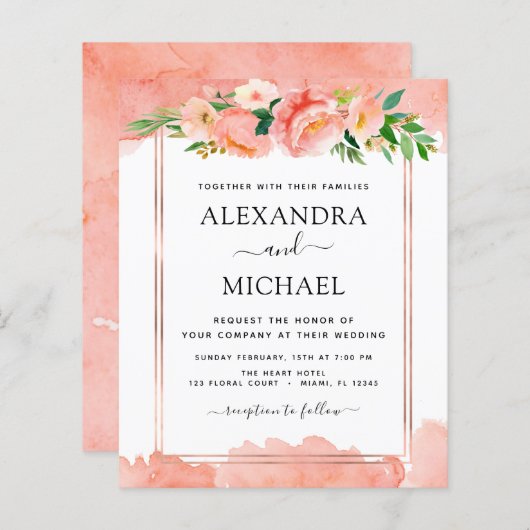 Budget Coral Peach Floral Wedding Einladung (Vorne/Hinten)