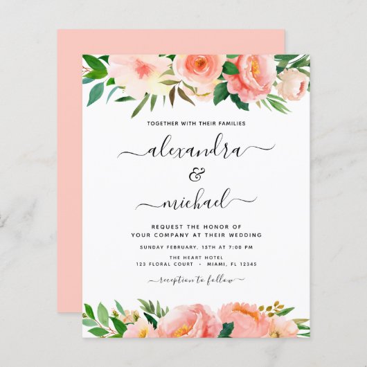 Budget Coral Peach Floral Wedding Einladung (Vorne/Hinten)