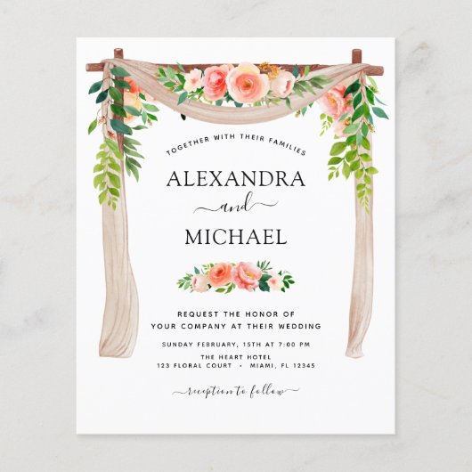 Budget Coral Peach Floral Wedding Einladung (Vorderseite)