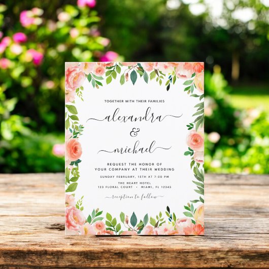 Budget Coral Peach Floral Wedding Einladung