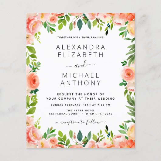 Budget Coral Peach Floral Wedding Einladung Flyer (Vorne)