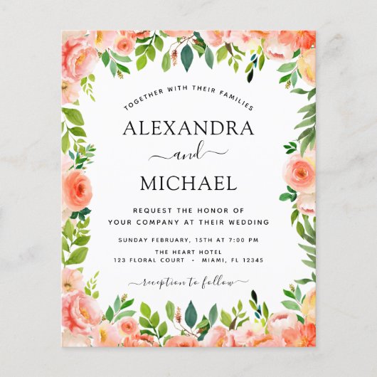 Budget Coral Peach Floral Wedding Einladung Flyer (Vorne)