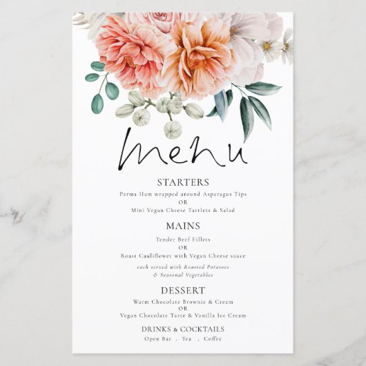 Budget Coral Peonies Florals Wedding Menu (Vorderseite)