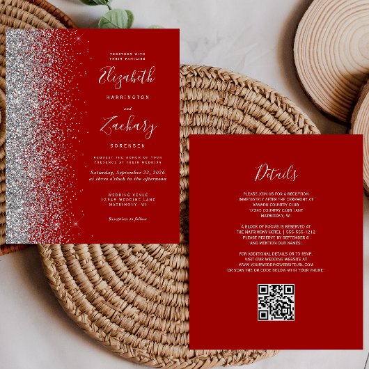 Budget Crimson Silver Glitzer QR Code Hochzeit