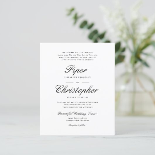 Budget Cursive Script Black Wedding Einladung (Stehend Vorderseite)
