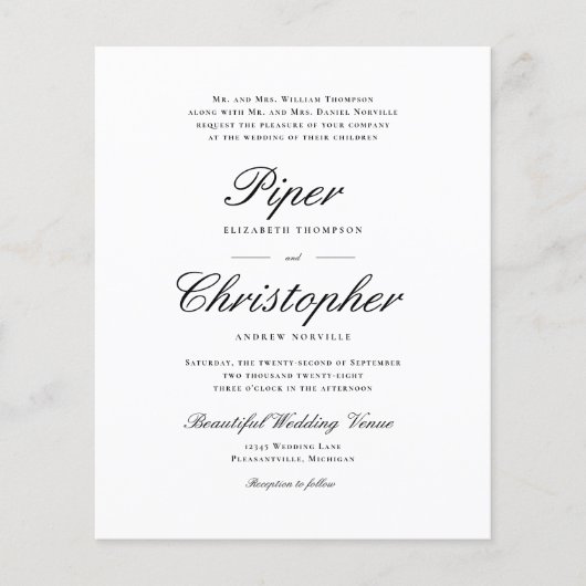 Budget Cursive Script Black Wedding Einladung (Vorderseite)