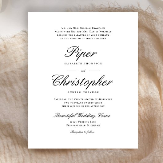 Budget Cursive Script Schwarze Hochzeitseinladung