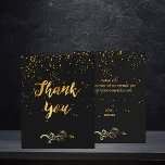 Budget Danke Karte Geburtstag schwarzes Gold<br><div class="desc">Eine schwarze Hintergrundfarbe und goldener Konfetti Regen. Vorne eine handgeschriebene Stilschrift und der Text: Danke! und ein blumengeschmücktes Imitat Golddekoration. Zurück: Personalisieren Sie Ihre Dankeschön-Anmerkung und Namen/Namen</div>