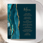 Budget Dark Aquamarin Gold Agate Wedding Menu<br><div class="desc">Die links Seite dieses eleganten,  modernen Hochzeitsmenüs besticht durch eine aquamarine,  blaue Aquarellgrenze,  die mit dem vergoldeten Glitzer der Imitate bestickt wurde. Der anpassbare Text kombiniert goldfarbene Handschrift-Skripte und Copperplate-Schriftart auf einem dunklen aquamarinen Hintergrund. Auf der Rückseite ist ein aquamarines und goldenes Design zu sehen.</div>