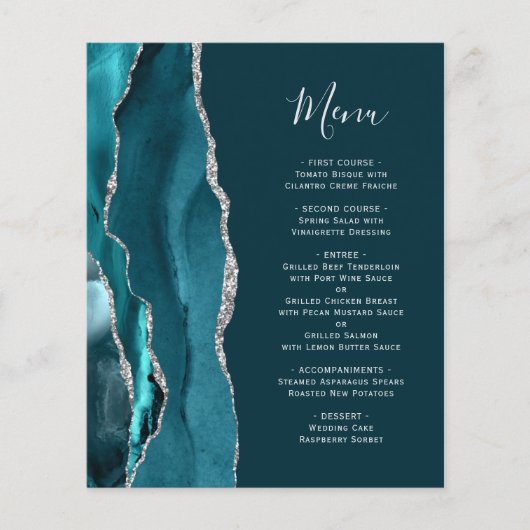 Budget Dark Aquamarin Silver Agate Wedding Menu (Vorderseite)