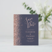 Budget Dark Blue Rose Gold Glitzer Save the Date (Stehend Vorderseite)
