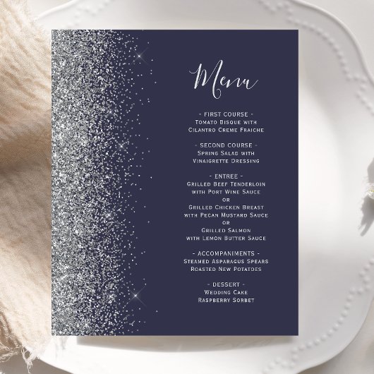 Budget Dark Blue Silver Glitzer Edge Wedding Menu