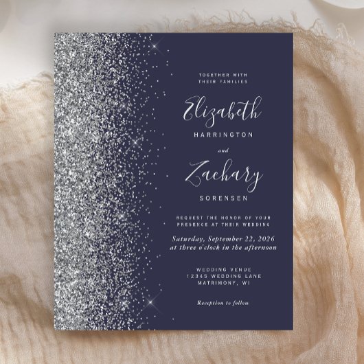 Budget Dark Blue Silver Glitzer Einladung Hochzeit