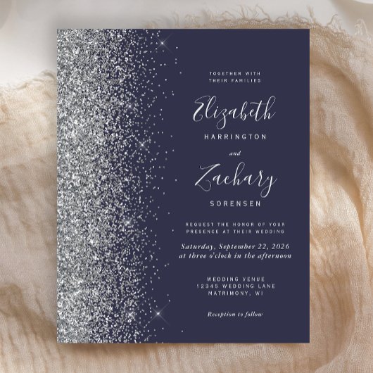 Budget Dark Blue Silver Glitzer Hochzeit Einladung