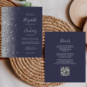Budget Dark Blue Silver Glitzer QR Code Wedding
