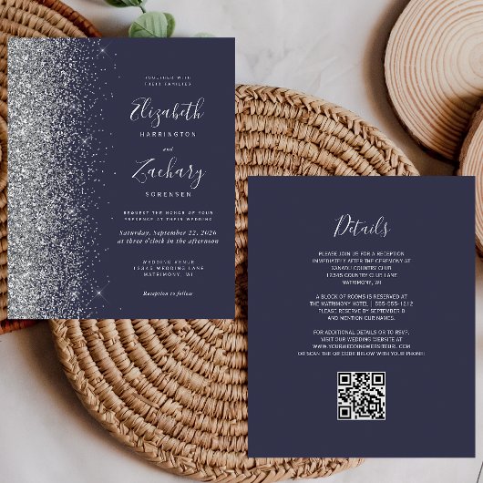 Budget Dark Blue Silver Glitzer QR Code Wedding