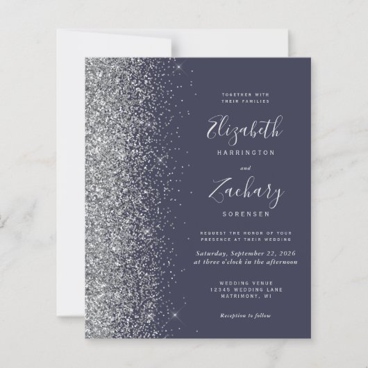 Budget Dark Blue Silver Glitzer QR Code Wedding (Vorderseite)