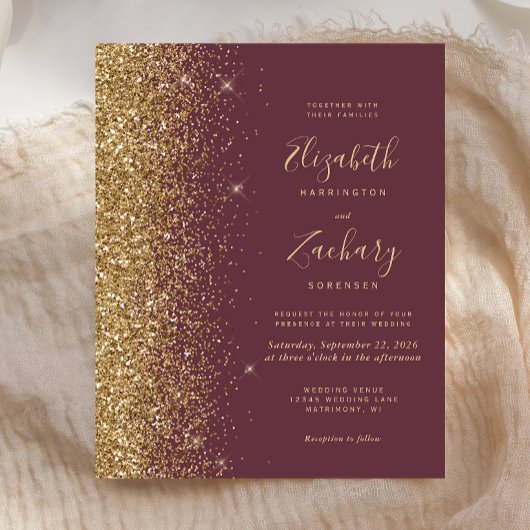 Budget Dark Burgundy Gold Glitzer Hochzeit Einladu