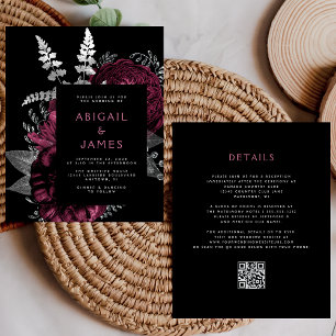 Budget Dark Floral Burgundy Silver QR Code Hochzei