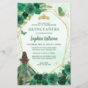 Budget Dark Green Floral Gold Prinzessin Quinceañe
