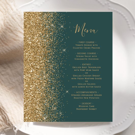 Budget Dark Green Gold Glitzer Wedding Menu