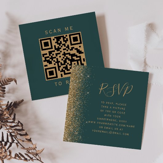 Budget Dark Green Gold Wedding QR Code UAWG Begleitkarte