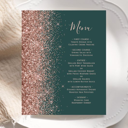 Budget Dark Green Rose Gold Glitzer Wedding Menu