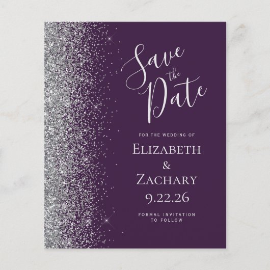 Budget Dark Lila Silver Save the Date Card (Vorderseite)