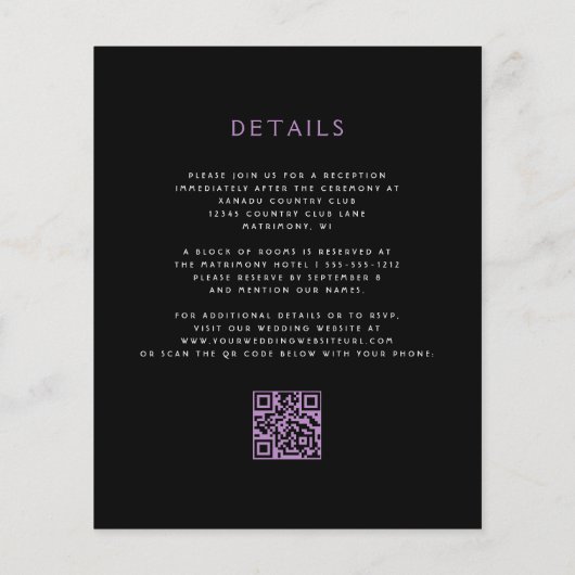 Budget Dark Moody Lila Floral QR Code Wedding (Rückseite)