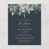 Budget Dark Navy Blue Green Blätter Taufe einladen (Vorderseite)