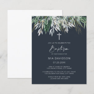Budget Dark Navy Blue Green Blätter Taufe einladen