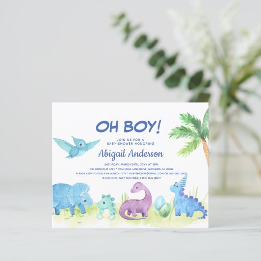 BUDGET Dinosaur Oh Boy Baby Dusche Einladung (Stehend Vorderseite)