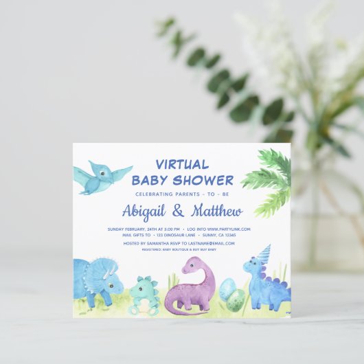 BUDGET Dinosaur Virtual Baby Dusche Einladung (Stehend Vorderseite)