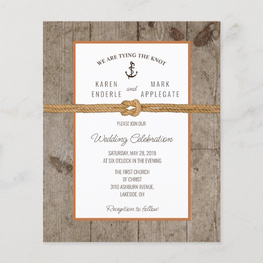 Budget Dockside Rope Rustic Hochzeit Einladung (Vorderseite)