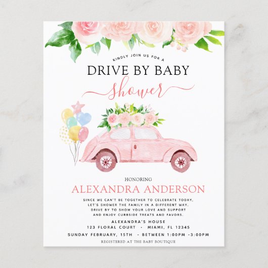 Budget Drive by Baby Dusche Blütenrot pink Flyer (Vorne)