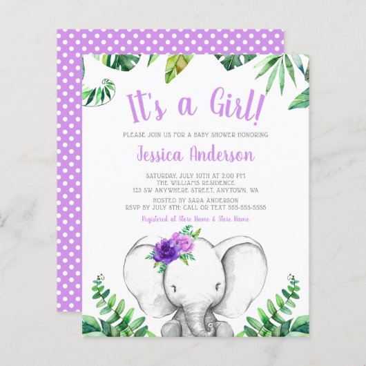 Budget Dschungel Elephant Girl Lila Baby Dusche (Vorne/Hinten)