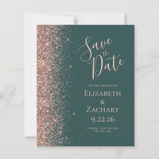 Budget Dunkelgrüne Rose Gold Save the Date (Vorderseite)