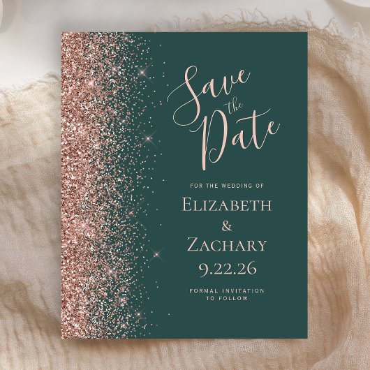 Budget Dunkelgrüne Rose Gold Save the Date