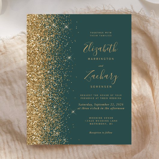 Budget Dunkelgrüner Glitzer Hochzeitseinladung