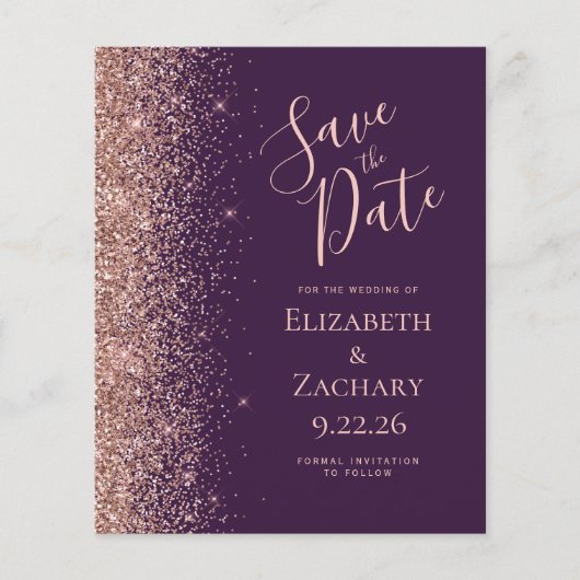 Budget Dunkle Lila Rose Gold Glitzer Save the Date (Vorderseite)