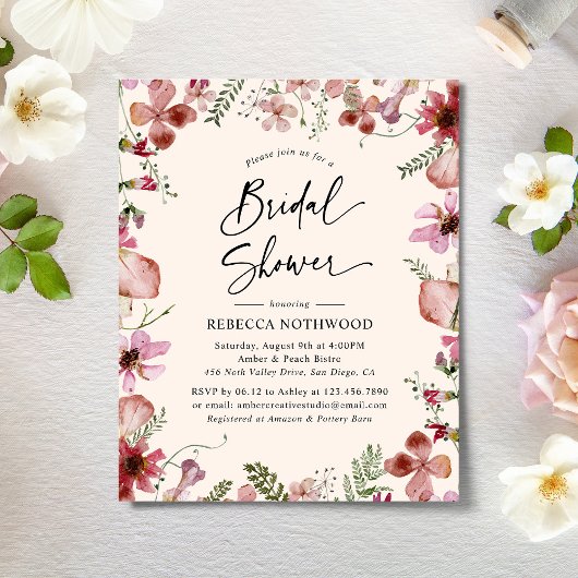 Budget Dusky Pink Flora Bridal Dusche Einladung