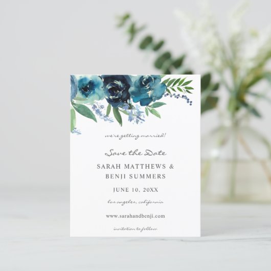 Budget Dusty Blue 2 Floral Save the Date 2 (Stehend Vorderseite)