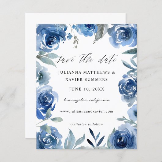 Budget Dusty Blue & Blue Floral Save the Date (Vorne/Hinten)