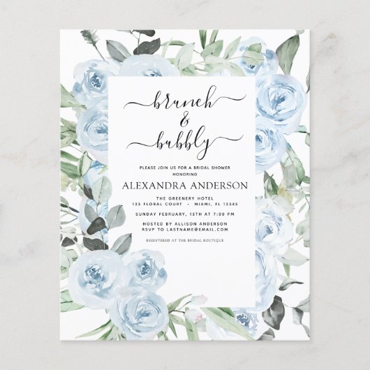 Budget Dusty Blue Brunch & Bubbly Brautparty Flyer (Vorne)