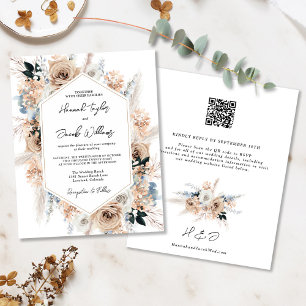 Budget Dusty Blue Champagne Wedding QR Code Einlad