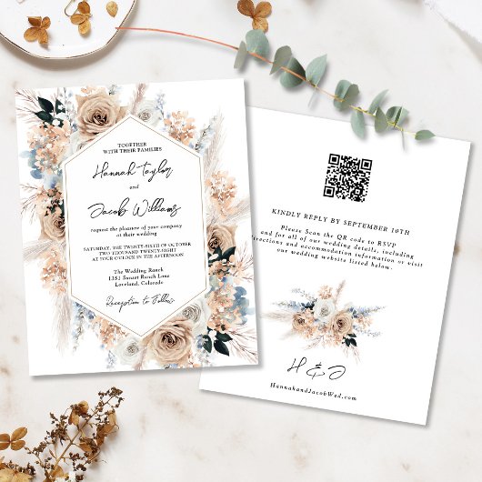 Budget Dusty Blue Champagne Wedding QR Code Einlad