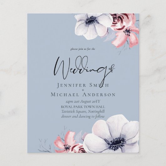 Budget Dusty Blue Coral Floral Script Hochzeit (Vorderseite)