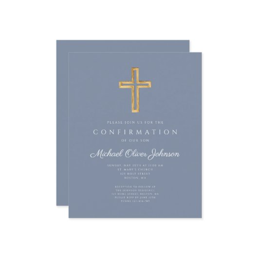 Budget Dusty Blue Cross Bestätigung Einladung (Vorderseite/Rückseite Beispiel)