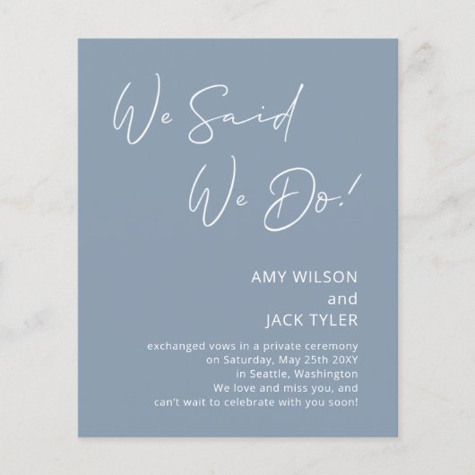 Budget Dusty Blue Elopement Ankündigung (Vorderseite)